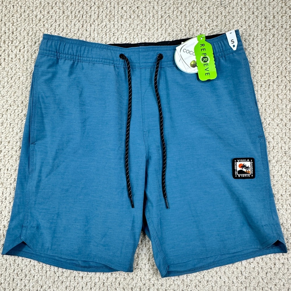 Vissla Solid Sets 17.5 Ecolastic Mens S Blue Board Shorts Stretch Surf Trunk NEW